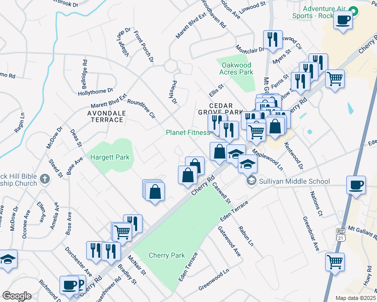 map of restaurants, bars, coffee shops, grocery stores, and more near 1051 Ebinport Road in Rock Hill