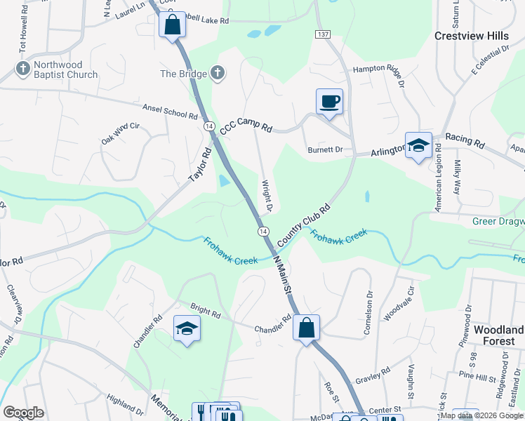 map of restaurants, bars, coffee shops, grocery stores, and more near 2102 South Carolina 14 in Greer
