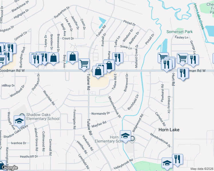 map of restaurants, bars, coffee shops, grocery stores, and more near 6923 Tulane Road East in Horn Lake