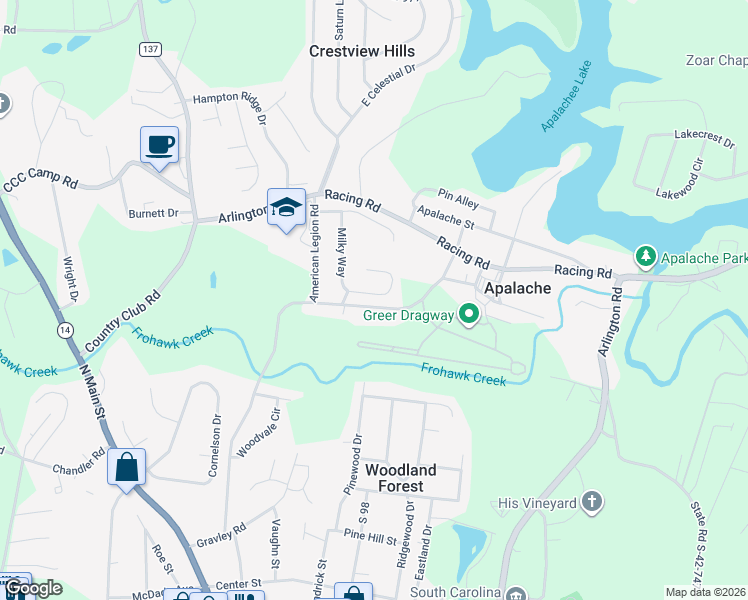 map of restaurants, bars, coffee shops, grocery stores, and more near 1742 Dragway Road in Greer