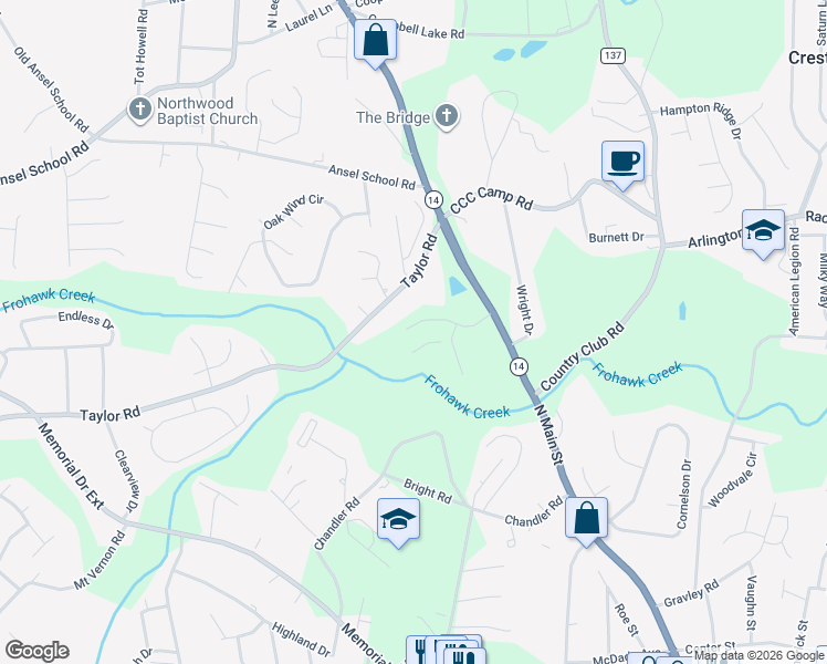 map of restaurants, bars, coffee shops, grocery stores, and more near 203 Taylor Road in Greer