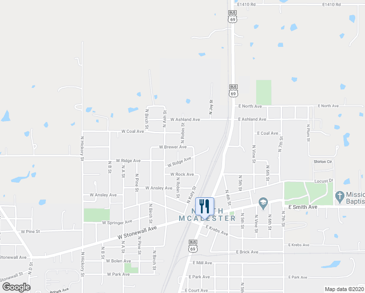 map of restaurants, bars, coffee shops, grocery stores, and more near 3201 North Robin Street in McAlester