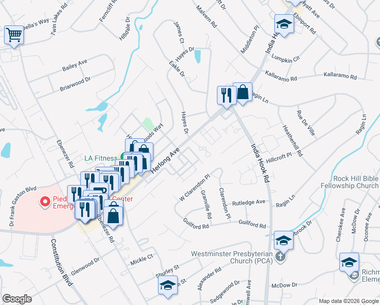 map of restaurants, bars, coffee shops, grocery stores, and more near 671 Melville Drive in Rock Hill