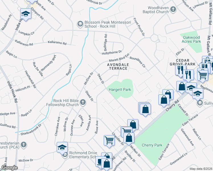 map of restaurants, bars, coffee shops, grocery stores, and more near 1456 Bose Avenue in Rock Hill
