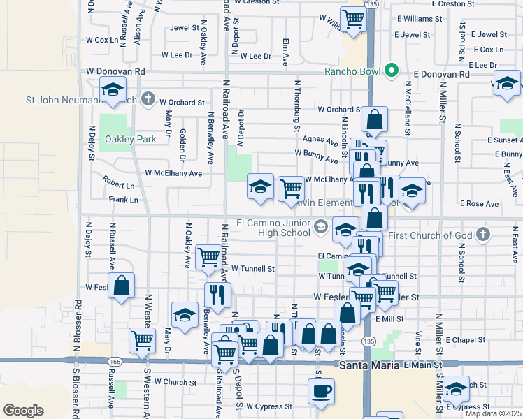 map of restaurants, bars, coffee shops, grocery stores, and more near 601 West Alvin Avenue in Santa Maria