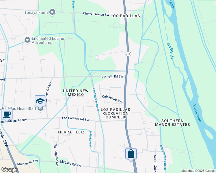 map of restaurants, bars, coffee shops, grocery stores, and more near 7124 Cecilia Drive Southwest in Albuquerque