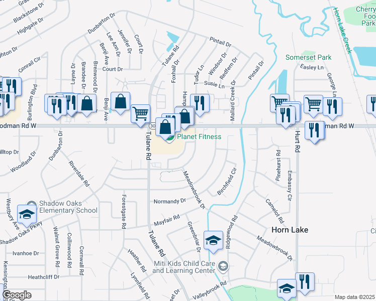 map of restaurants, bars, coffee shops, grocery stores, and more near 3235 Edenshire Lane in Horn Lake