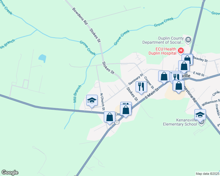 map of restaurants, bars, coffee shops, grocery stores, and more near 204 Middleton St in Kenansville