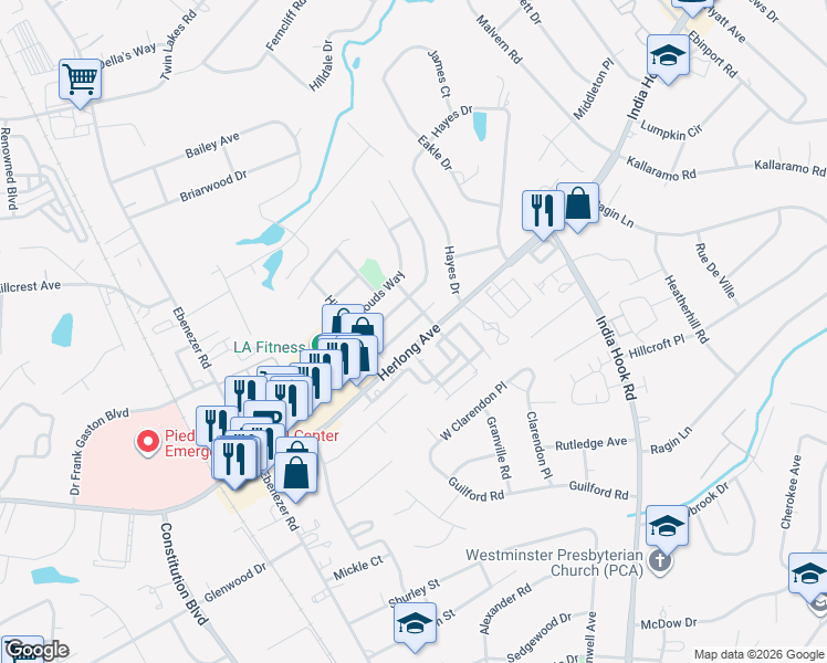 map of restaurants, bars, coffee shops, grocery stores, and more near 328 Rose Garden Court in Rock Hill