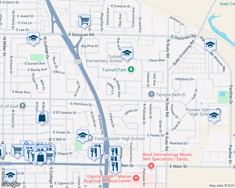 map of restaurants, bars, coffee shops, grocery stores, and more near 903 North Stokes Avenue in Santa Maria