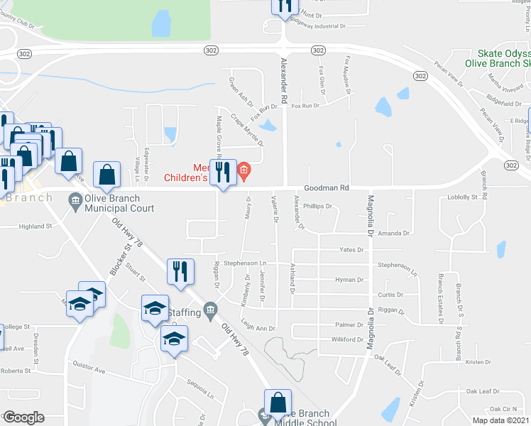 map of restaurants, bars, coffee shops, grocery stores, and more near 6881 Delta Newberry Cove in Olive Branch
