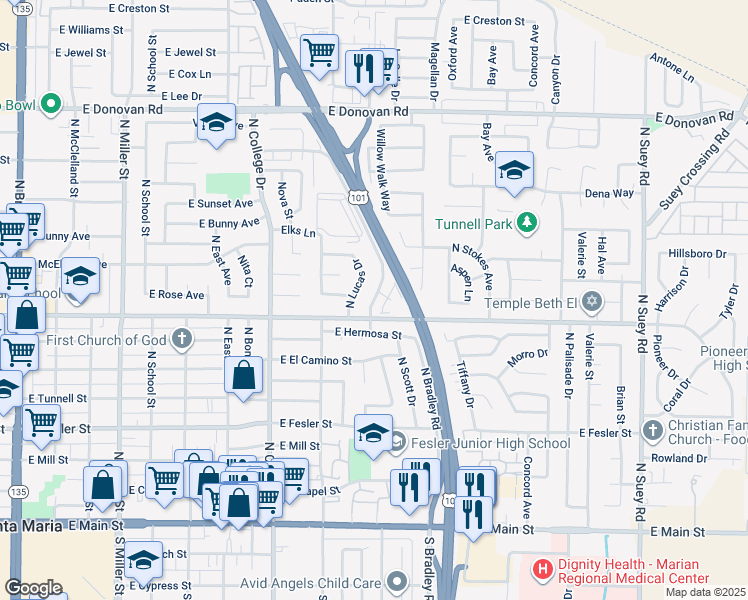 map of restaurants, bars, coffee shops, grocery stores, and more near 800 North Bradley Road in Santa Maria