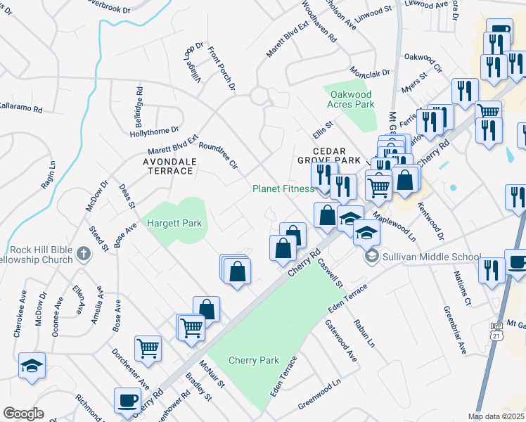 map of restaurants, bars, coffee shops, grocery stores, and more near 1572 Eagles Place in Rock Hill