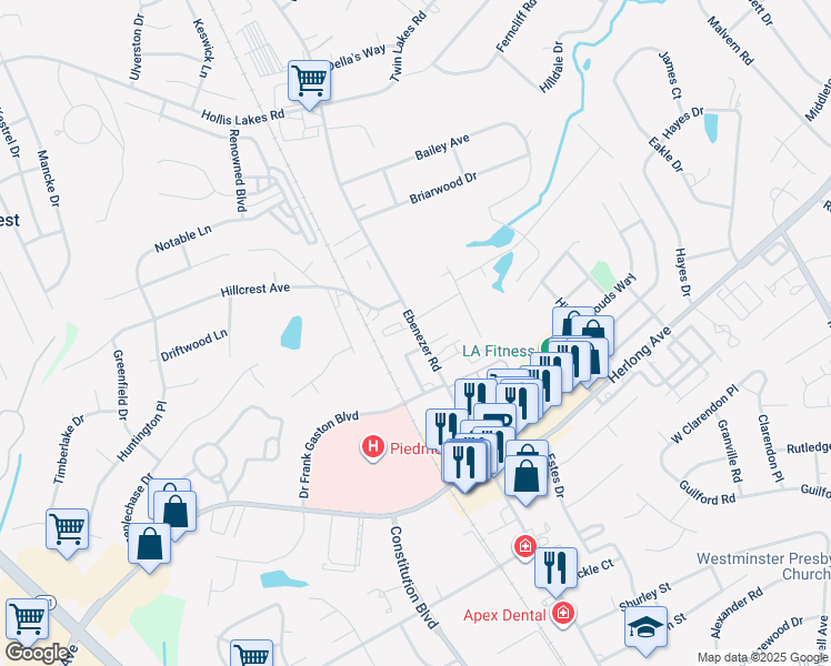map of restaurants, bars, coffee shops, grocery stores, and more near 1841 Ebenezer Road in Rock Hill