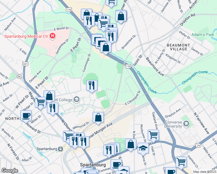 map of restaurants, bars, coffee shops, grocery stores, and more near 321 East Cleveland Street in Spartanburg