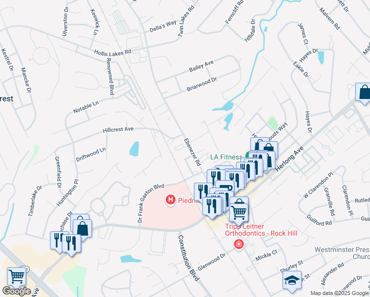map of restaurants, bars, coffee shops, grocery stores, and more near 1841 Ebenezer Road in Rock Hill