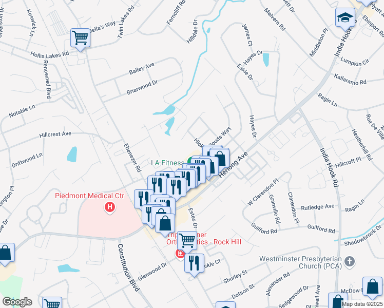 map of restaurants, bars, coffee shops, grocery stores, and more near 415 Clouds Way in Rock Hill