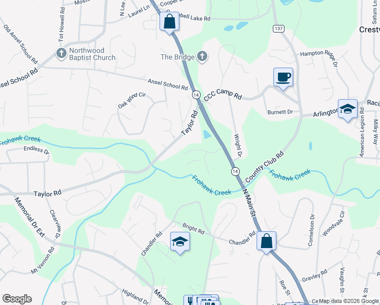 map of restaurants, bars, coffee shops, grocery stores, and more near 203 Taylor Road in Greer