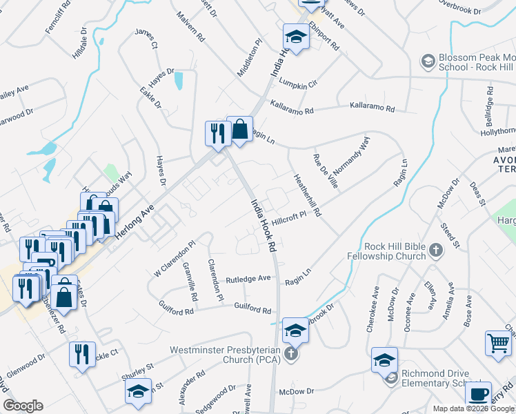 map of restaurants, bars, coffee shops, grocery stores, and more near India Hook Road in Rock Hill