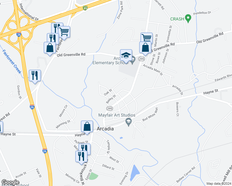 map of restaurants, bars, coffee shops, grocery stores, and more near 231 Bailey Street in Spartanburg