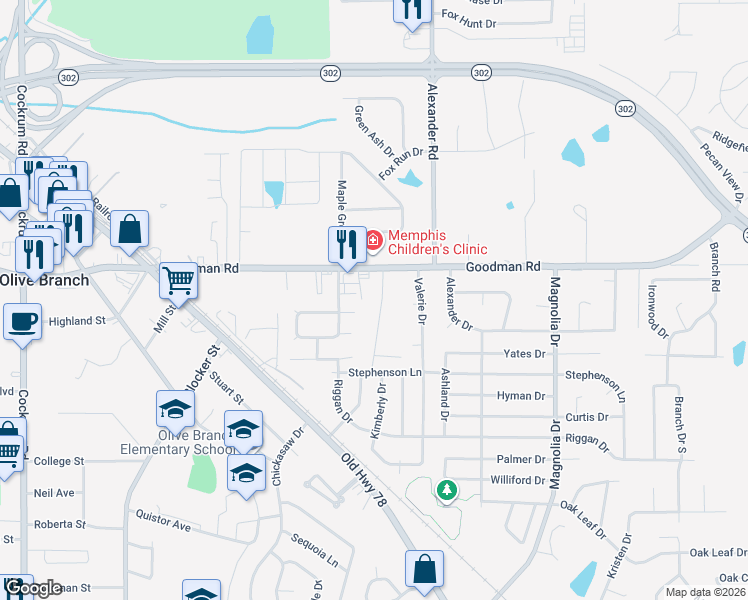 map of restaurants, bars, coffee shops, grocery stores, and more near 6877 Maury Drive in Olive Branch