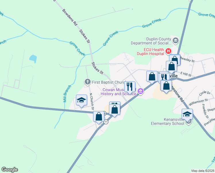 map of restaurants, bars, coffee shops, grocery stores, and more near 204 Middleton St in Kenansville
