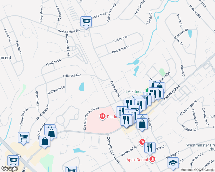 map of restaurants, bars, coffee shops, grocery stores, and more near 1841 Ebenezer Road in Rock Hill