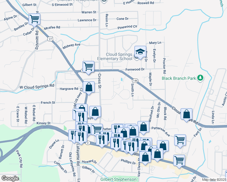 map of restaurants, bars, coffee shops, grocery stores, and more near 2197 Lafayette Road in Fort Oglethorpe