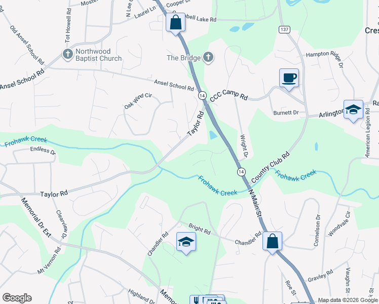 map of restaurants, bars, coffee shops, grocery stores, and more near 203 Taylor Road in Greer
