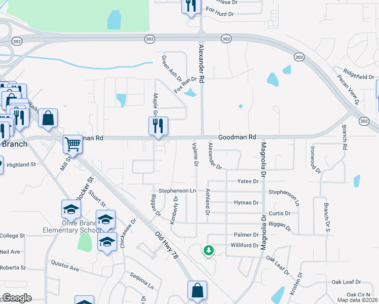 map of restaurants, bars, coffee shops, grocery stores, and more near 6887 Delta Newberry Cove in Olive Branch