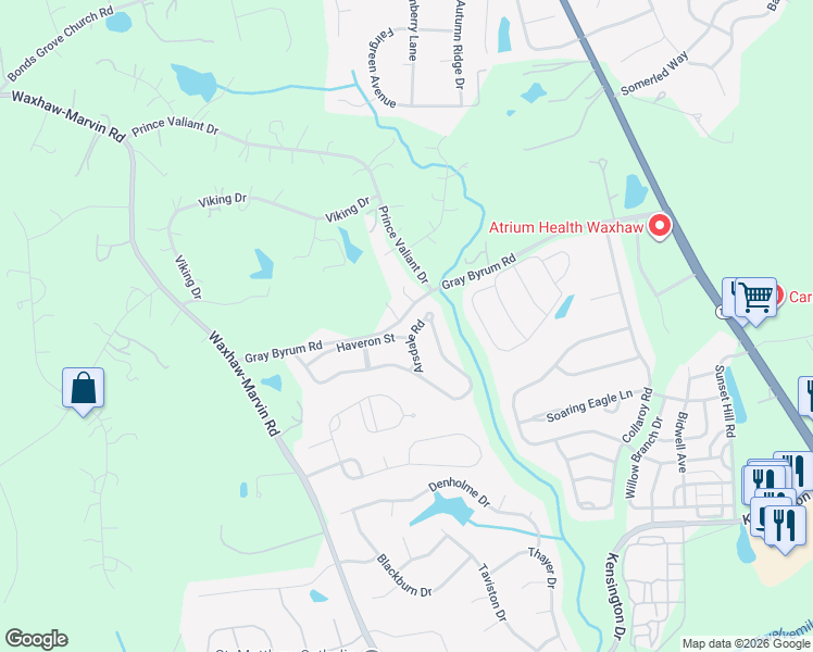 map of restaurants, bars, coffee shops, grocery stores, and more near 3203 Arsdale Road in Waxhaw