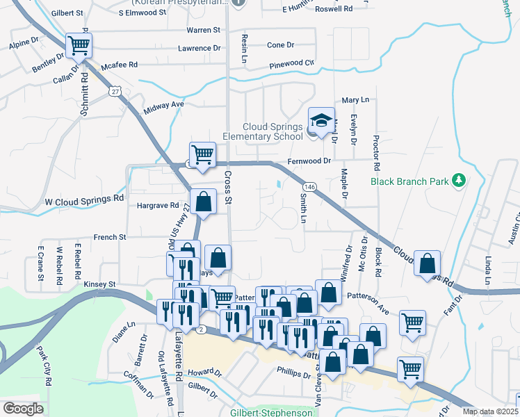 map of restaurants, bars, coffee shops, grocery stores, and more near 2197 Lafayette Road in Fort Oglethorpe