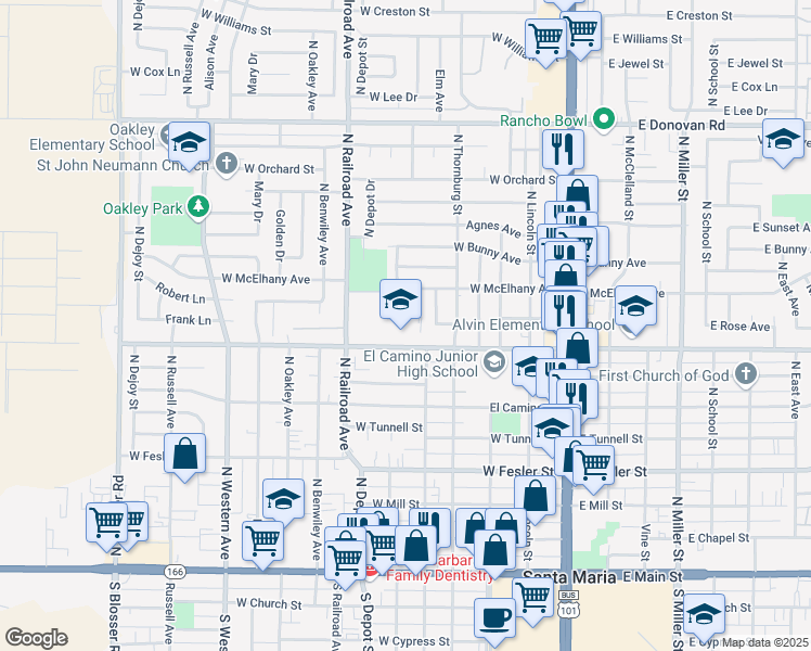 map of restaurants, bars, coffee shops, grocery stores, and more near 601 West Alvin Avenue in Santa Maria