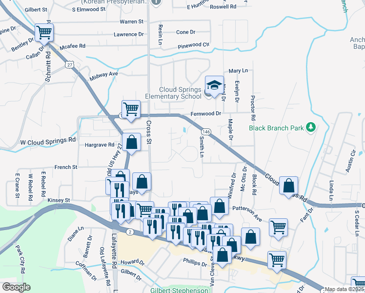 map of restaurants, bars, coffee shops, grocery stores, and more near Brookhaven Cr in Fort Oglethorpe