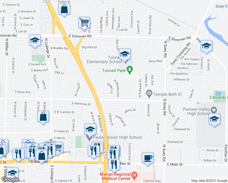 map of restaurants, bars, coffee shops, grocery stores, and more near 1225 Aspen Lane in Santa Maria