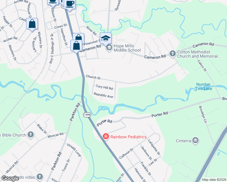map of restaurants, bars, coffee shops, grocery stores, and more near 5309 Church Street in Hope Mills