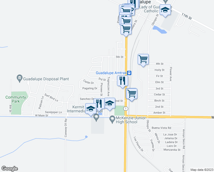 map of restaurants, bars, coffee shops, grocery stores, and more near 269 Tognazzini Avenue in Guadalupe