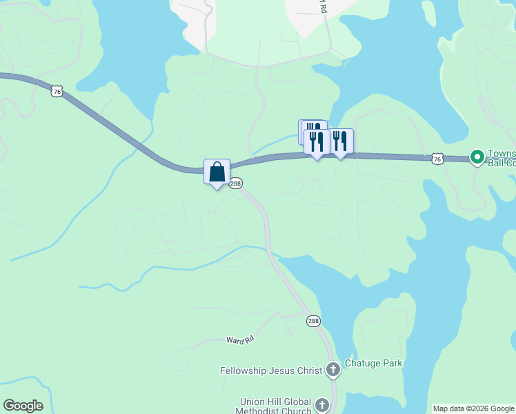 map of restaurants, bars, coffee shops, grocery stores, and more near 39 Hidden Fields Road in Hiawassee