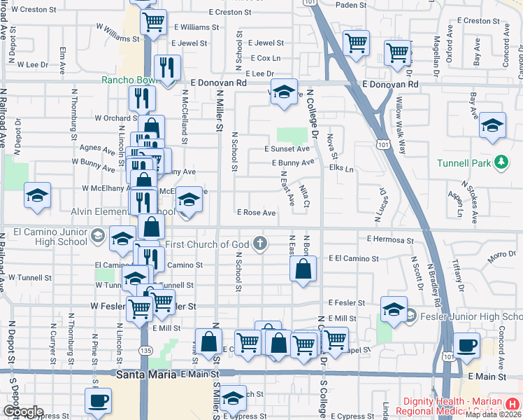 map of restaurants, bars, coffee shops, grocery stores, and more near 922 Christina Street in Santa Maria