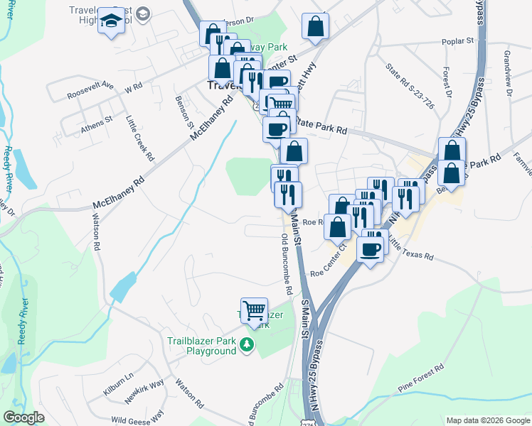 map of restaurants, bars, coffee shops, grocery stores, and more near 305A Old Buncombe Road in Travelers Rest
