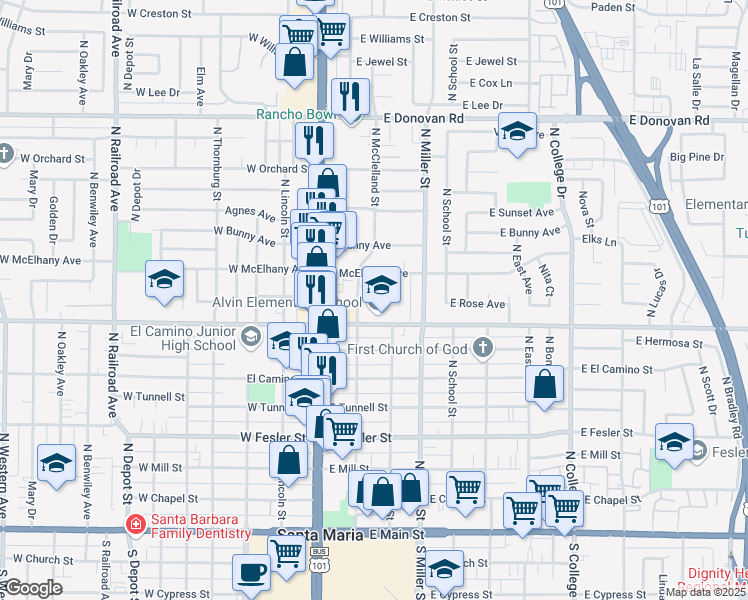 map of restaurants, bars, coffee shops, grocery stores, and more near 301 East Alvin Avenue in Santa Maria