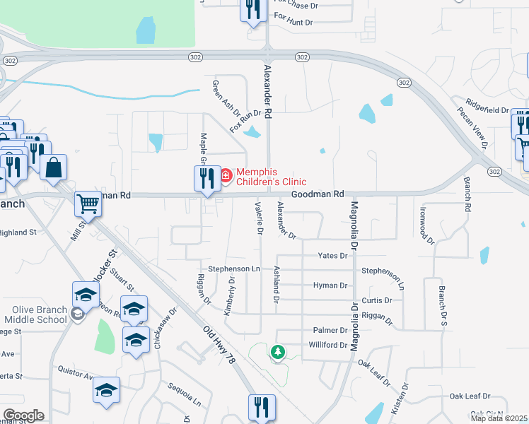 map of restaurants, bars, coffee shops, grocery stores, and more near 6902 Valerie Drive in Olive Branch