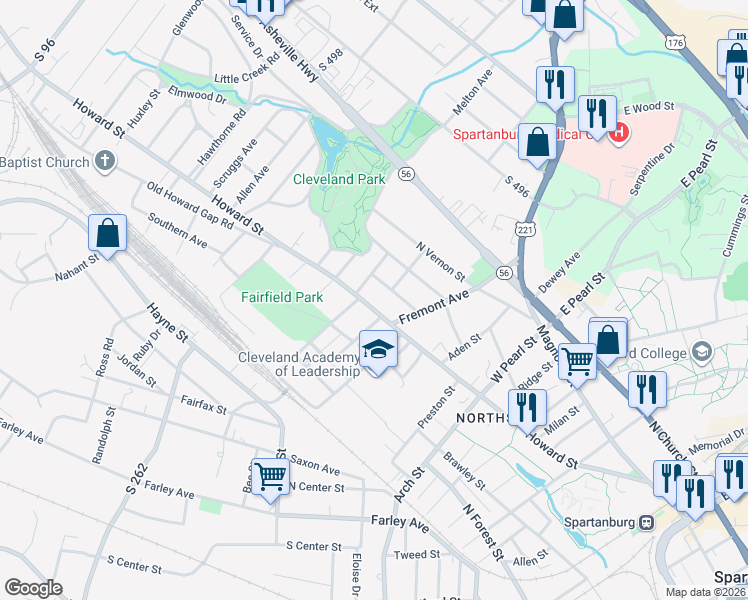 map of restaurants, bars, coffee shops, grocery stores, and more near 798 Leonard Street in Spartanburg