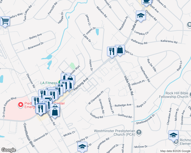 map of restaurants, bars, coffee shops, grocery stores, and more near 1832 Fairlawn Court in Rock Hill