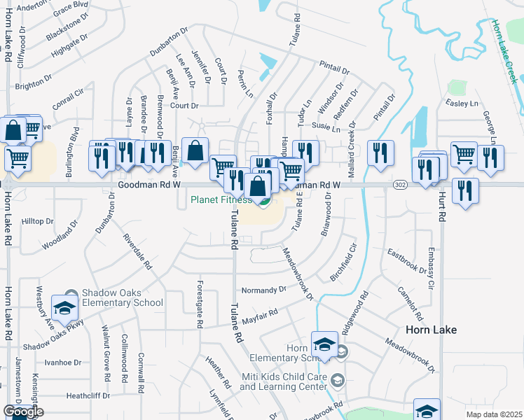 map of restaurants, bars, coffee shops, grocery stores, and more near 3027 Goodman Road in Horn Lake