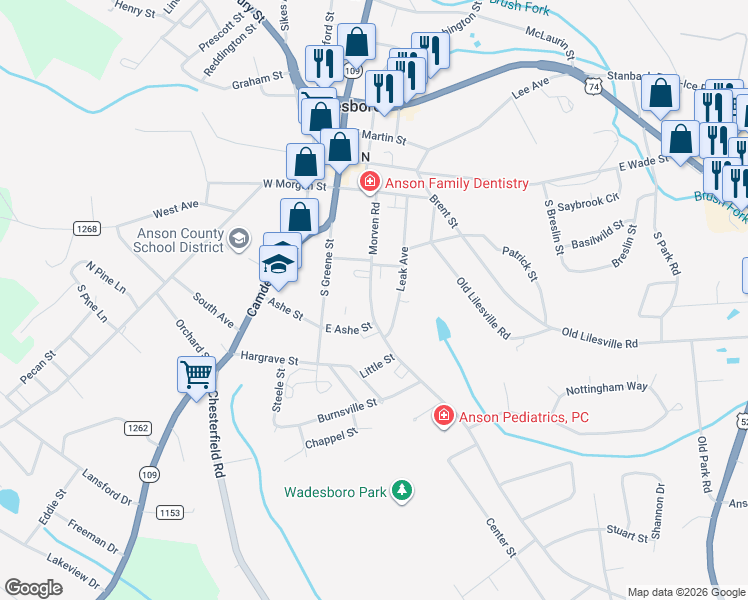 map of restaurants, bars, coffee shops, grocery stores, and more near 402 Morven Road in Wadesboro
