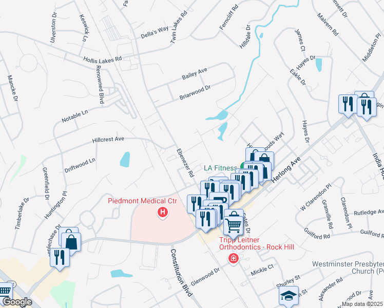 map of restaurants, bars, coffee shops, grocery stores, and more near 129 Neely Court in Rock Hill