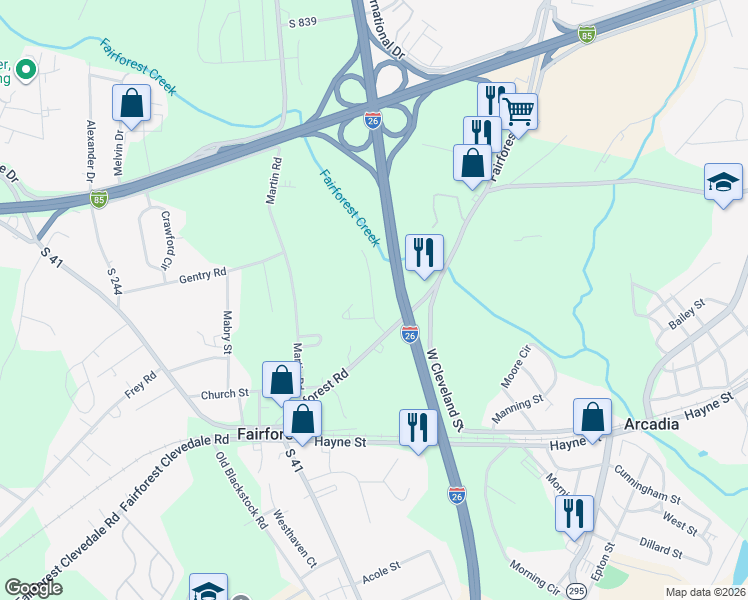 map of restaurants, bars, coffee shops, grocery stores, and more near 20 Gordon Street in Spartanburg