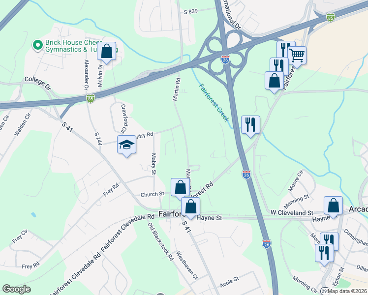 map of restaurants, bars, coffee shops, grocery stores, and more near 1340 Martin Road in Spartanburg