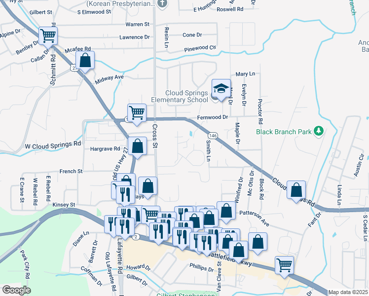 map of restaurants, bars, coffee shops, grocery stores, and more near Brookhaven Cir in Fort Oglethorpe